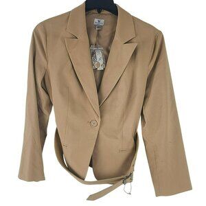 Worthington Womens Petite Blazer With Belt & Button Details Tan Size 14P